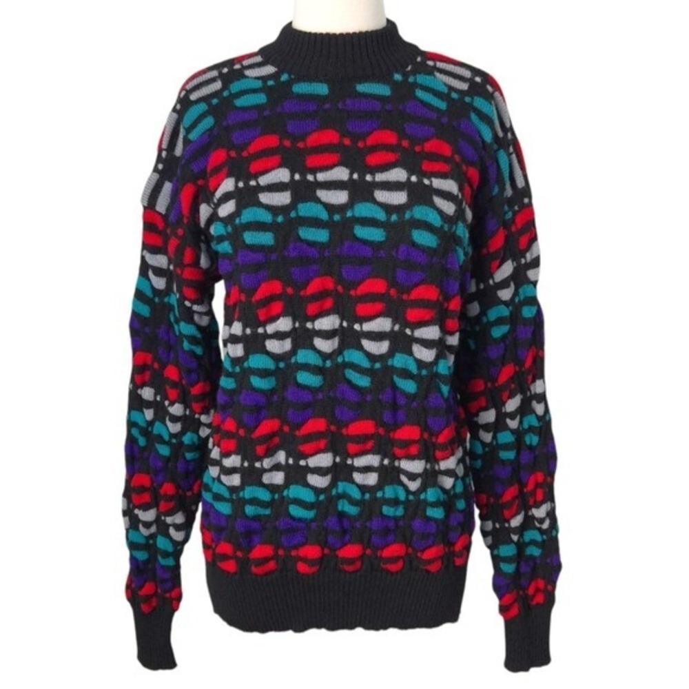 Ossi Skiwear Vintage 80s Black Red Purple Mock-Neck Chunky Wool Sweater- Men's L